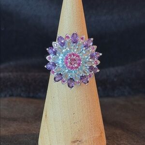 Gorgeous Natural Amethyst, Blue Topaz, Pink Spinel Sunburst Floral Hearts Ring